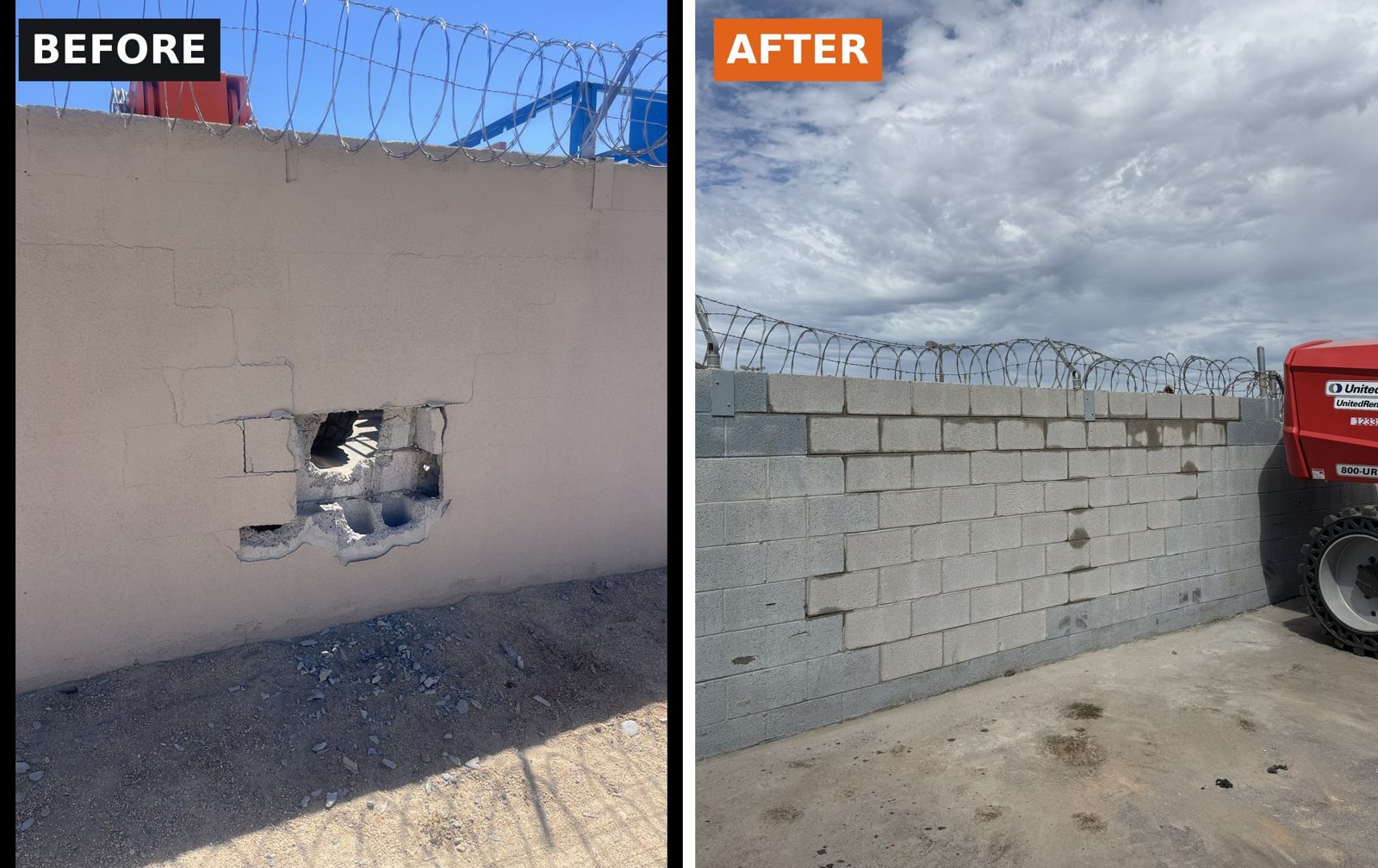 Before and after: damaged block wall with a hole, then the same wall rebuilt with new block